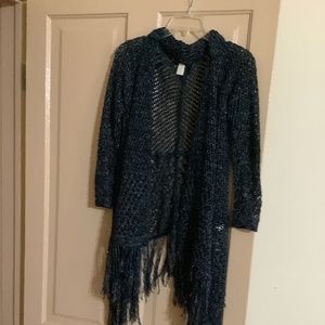 Chico’s loose weave sweater with silver/metallic. Fringe trim